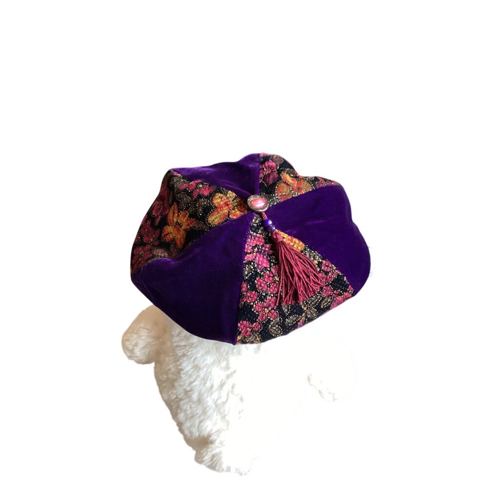 VTGVelvet Brocade Newsboy Purple Floral Patchwork Baker Boy Hat Boho Cottagecore - Picture 5 of 7